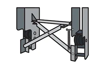 Diagram of a scissor lift mechanism, featuring metal rods and pulleys, often used in home elevators for vertical movement.