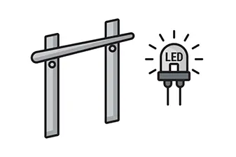 Illustration of elevator rails beside a glowing LED bulb icon, suggesting modern lighting solutions for home elevators.