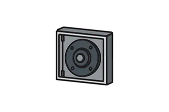 Square metal ventilation fan with circular blades, set within a metallic frame, often used in home elevators for air circulation.