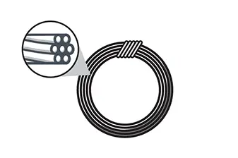 Coiled steel cable with a magnified view showing four strands, commonly used in home elevators for support and movement.