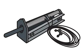 Illustration of a torsion spring assembly with a rod and cables, important in the mechanism of home elevators.