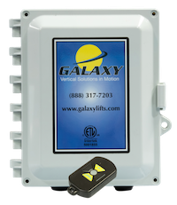 Galaxy boatlift control Control box with "Galaxy" logo, website, and phone number, featuring a remote control for home elevators.