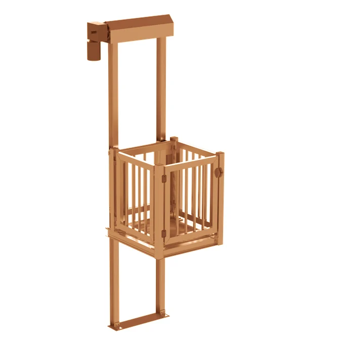 Copper-toned home elevator with a vertical frame and enclosed platform, designed for residential use.