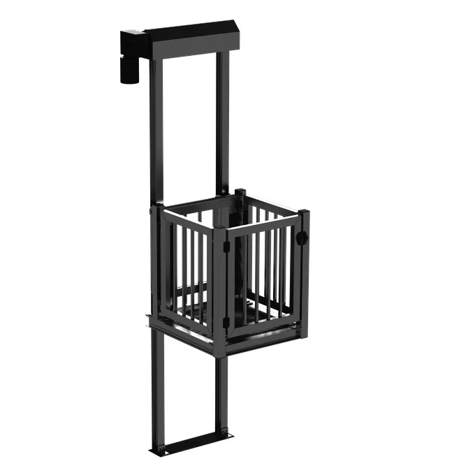 Black metal home elevator with safety rails, open platform, and vertical lift mechanism. Suitable for accessibility and mobility support.