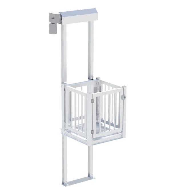 White home elevator with open-frame design, vertical railings, and enclosed platform.