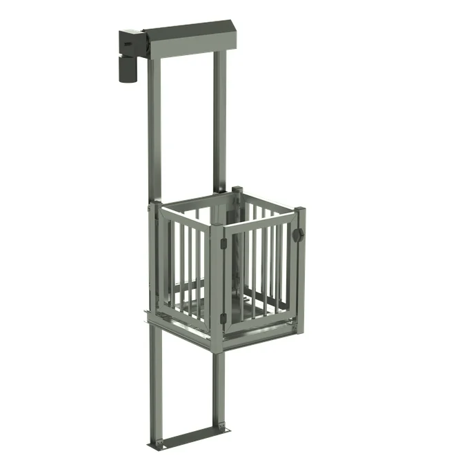 Compact gray home elevator with open frame design, showcasing vertical lift mechanism and side rails.